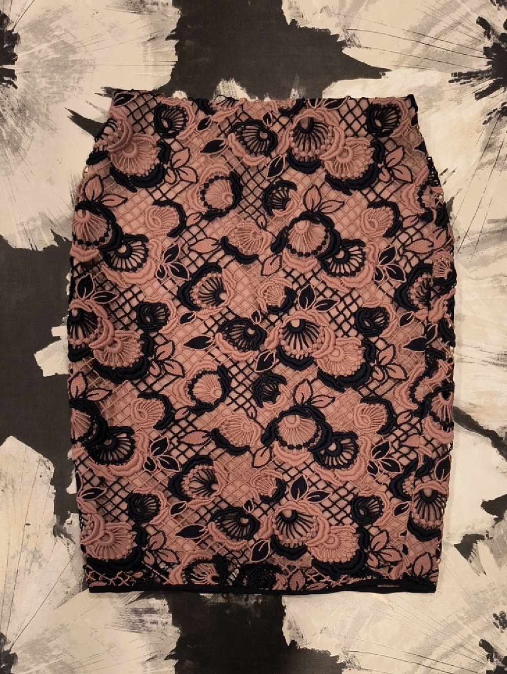 Ann Taylor Blush Pink Navy Pencil Skirt Lace Crochet Professional Cottagecore